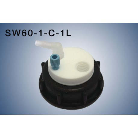 Bouchon de sécurité poubelle S60 avec 1 entrée (1/8" ou 1/16"), 1 filetage pour cartouche de charbon actif et 1 leak (6-9mm)