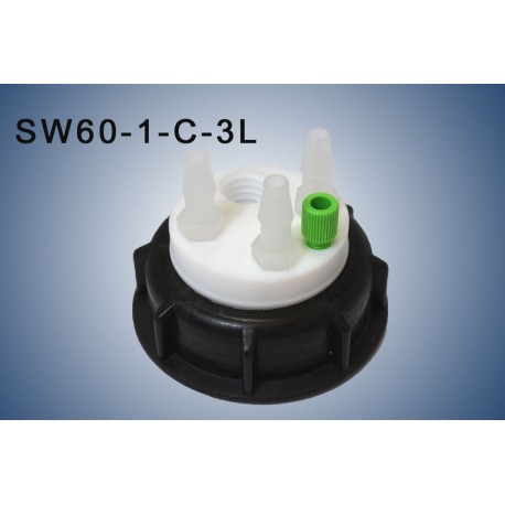 Bouchon de sécurité poubelle S60 avec 1 entrée (1/8" ou 1/16"), 1 filetage pour cartouche de charbon actif et 3 leaks (6-9mm)