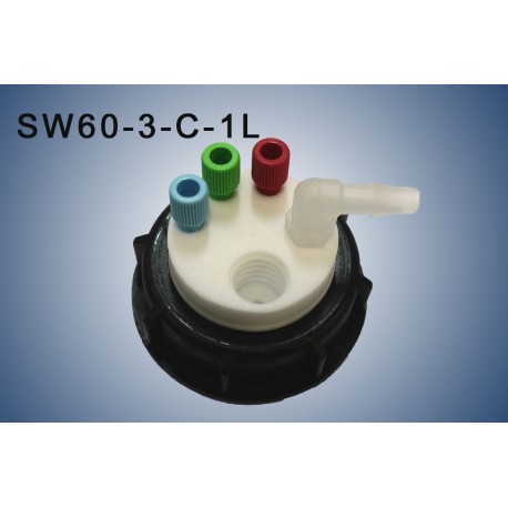 Bouchon de sécurité poubelle S60 avec 3 entrées (1/8" ou 1/16"), 1 filetage pour cartouche de charbon actif et 1 leak (6-9mm)