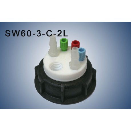 Bouchon de sécurité poubelle S60 avec 3 entrées (1/8" ou 1/16"), 1 filetage pour cartouche de charbon actif et 2 leaks (6-9mm)