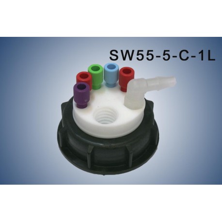 Bouchon de sécurité poubelle S55 avec 5 entrées (1/8" ou 1/16"), 1 filetage pour cartouche de charbon actif et 1 leak (6-9mm)