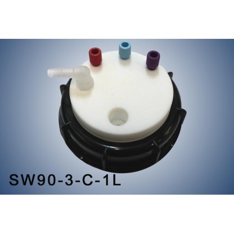 Bouchon de sécurité poubelle S90 avec 3 entrées (1/8" ou 1/16"), 1 filetage pour cartouche de charbon actif et 1 leak (6-9mm)
