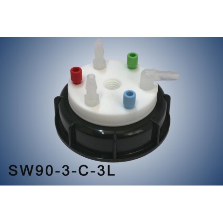 Bouchon de sécurité poubelle S90 avec 3 entrées (1/8" ou 1/16"), 1 filetage pour cartouche de charbon actif et 3 leaks (6-9mm)