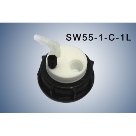 Bouchon de sécurité poubelle S55 avec 1 entrée (1/8" ou 1/16"), 1 filetage pour cartouche de charbon actif et 1 leak (6-9mm)