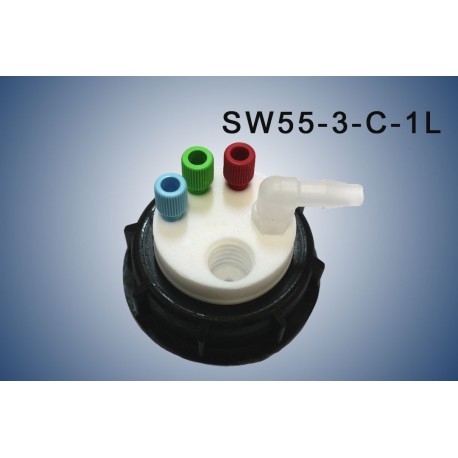 Bouchon de sécurité poubelle S55 avec 3 entrées (1/8" ou 1/16"), 1 filetage pour cartouche de charbon actif et 1 leak (6-9mm)